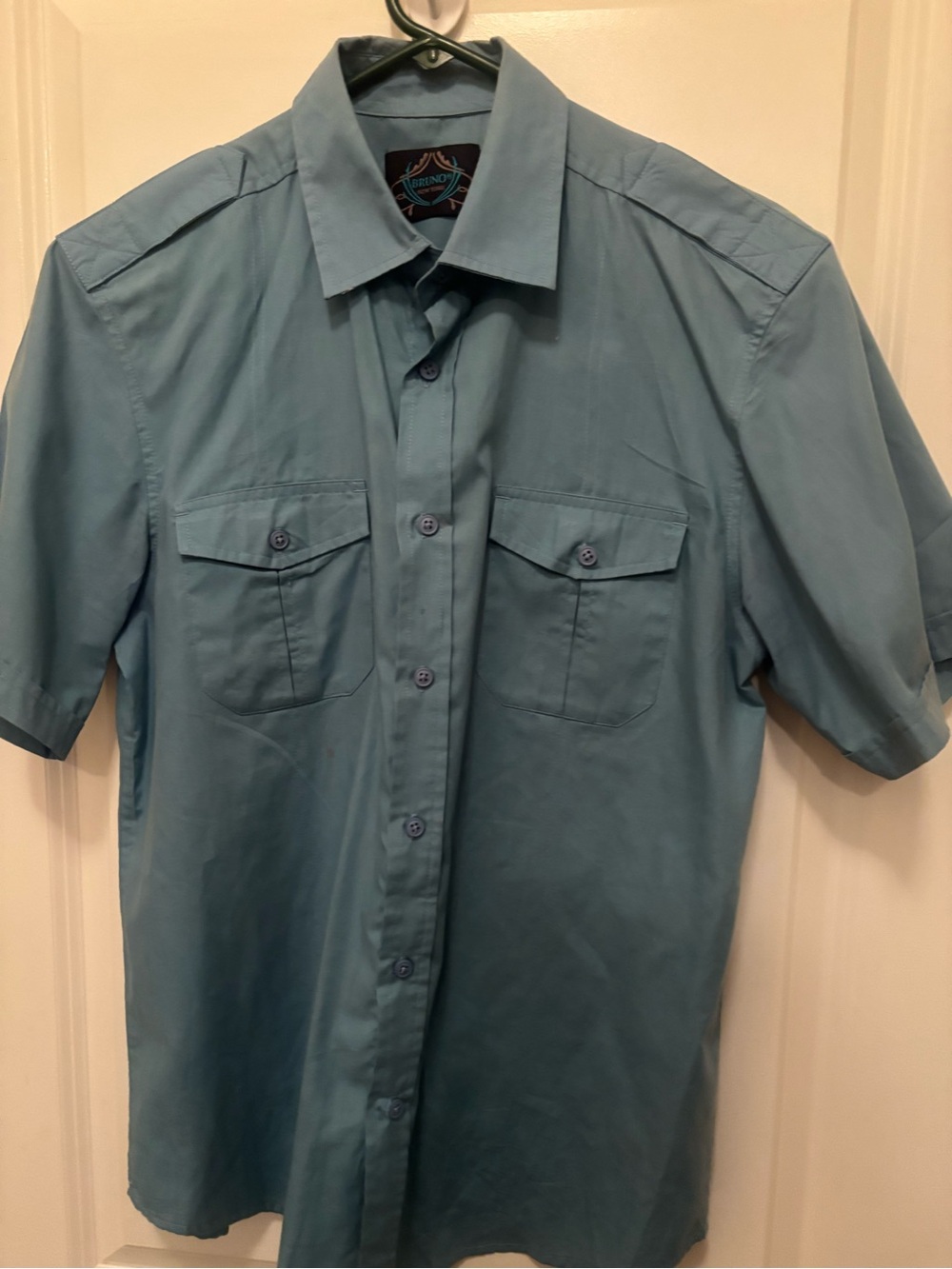 Short-Sleeve Button-Down Shirt - Teal Blue Classic Bruno New York short sleeve b